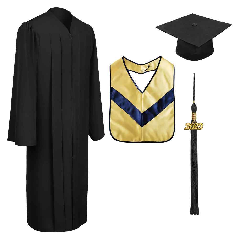 Matte Black Associates Cap, Gown, Tassel & Hood Package